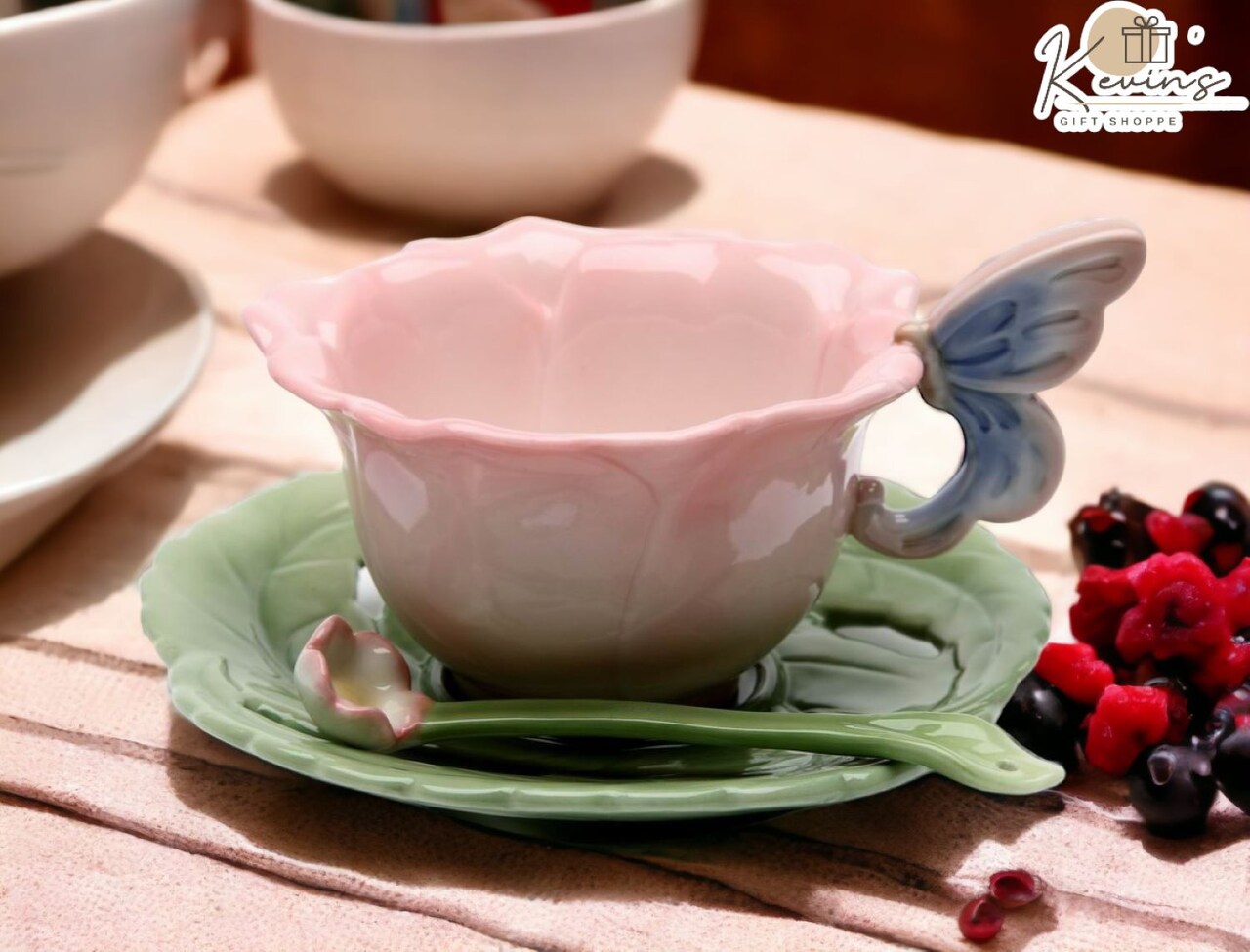 Ceramic Rose with Butterfly Cup and Saucer and Spoon-1 Set, Gift for Her, Gift for Mom, Gift for Friend, Tea Party Décor, Café Decor